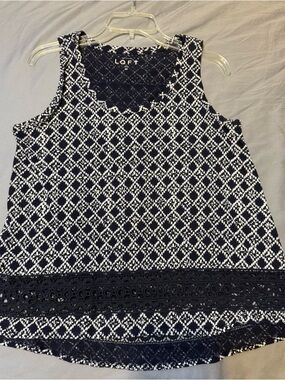 LOFT Navy and White Diamond Lace-Trim Tank